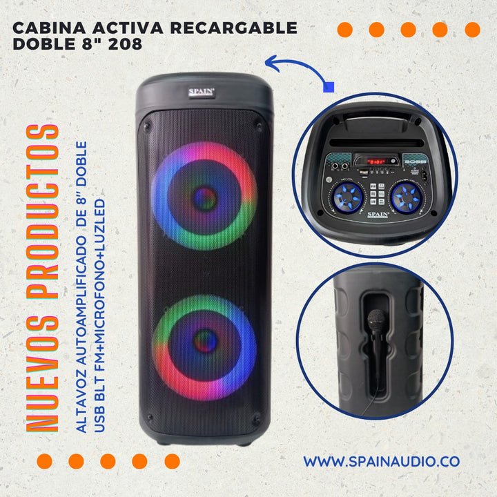 Cabina Recargable Spain Audio 208II | 30W RMS con Bluetooth y LED RGB